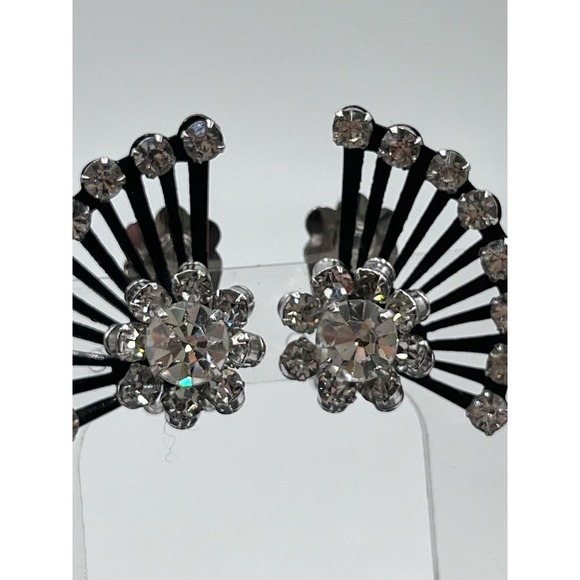 Coro Vintage Signed Rhinestone Clip-On Fan Silver Tone Black Crystal Earrings - Picture 1 of 16